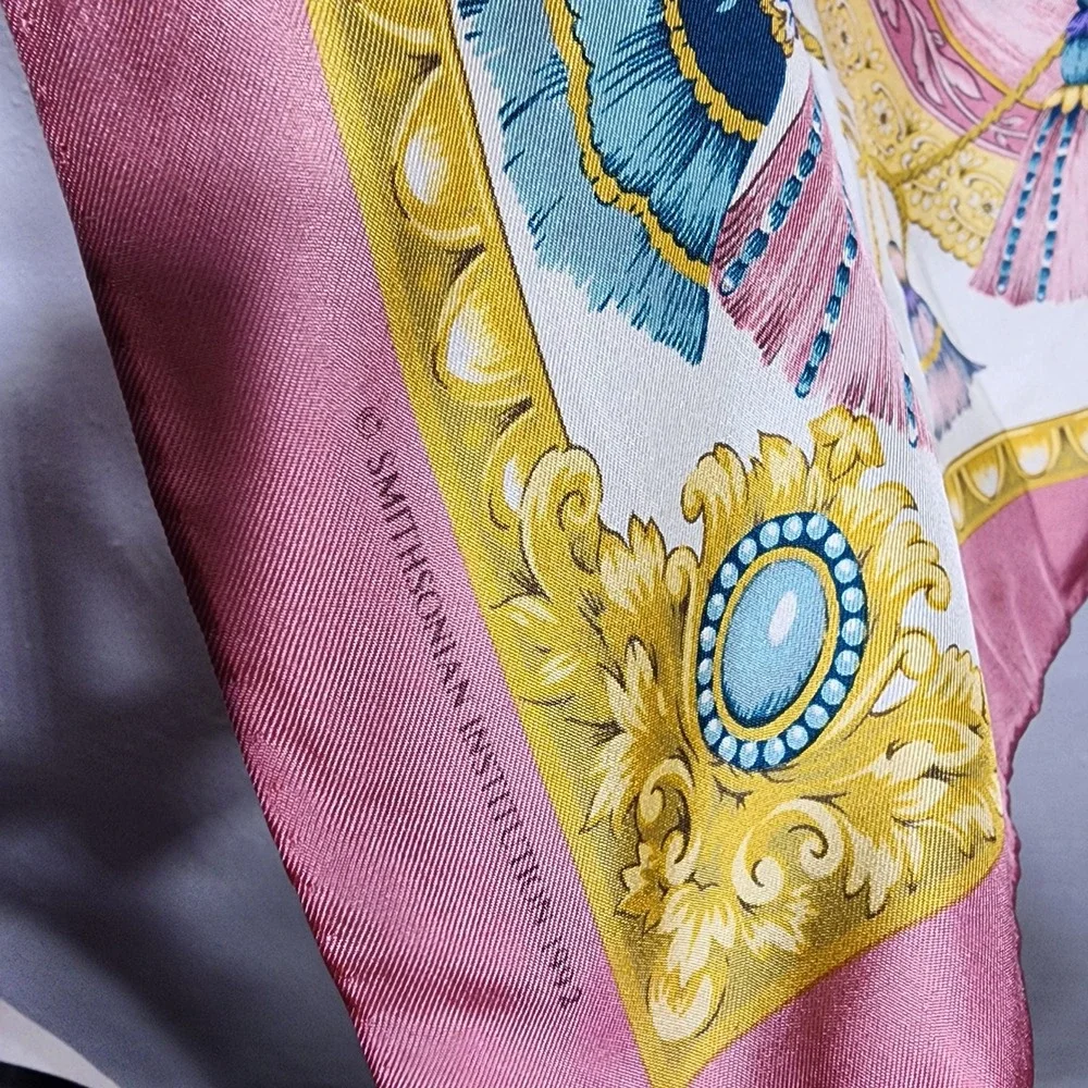 Smithsonian Institution Scarf Silk Square Pink Gold 1992 Reproduction Japan